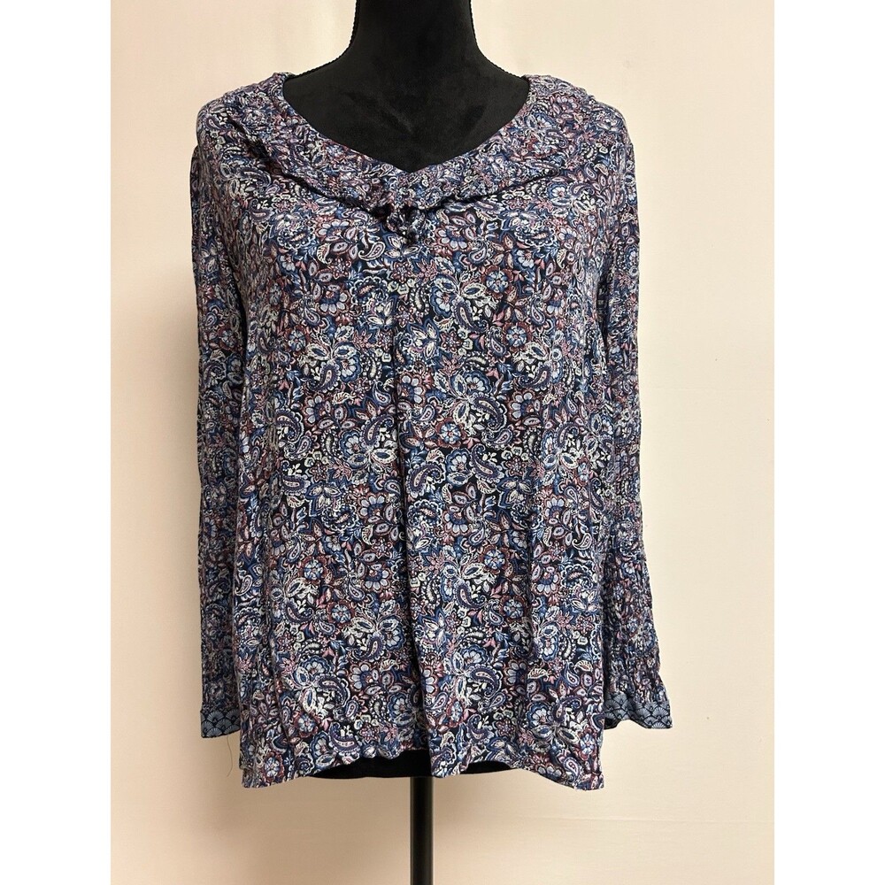 J. Jill Womens Petite M Top Ruffle V Neck Blue Multi Blue Peasant Boho